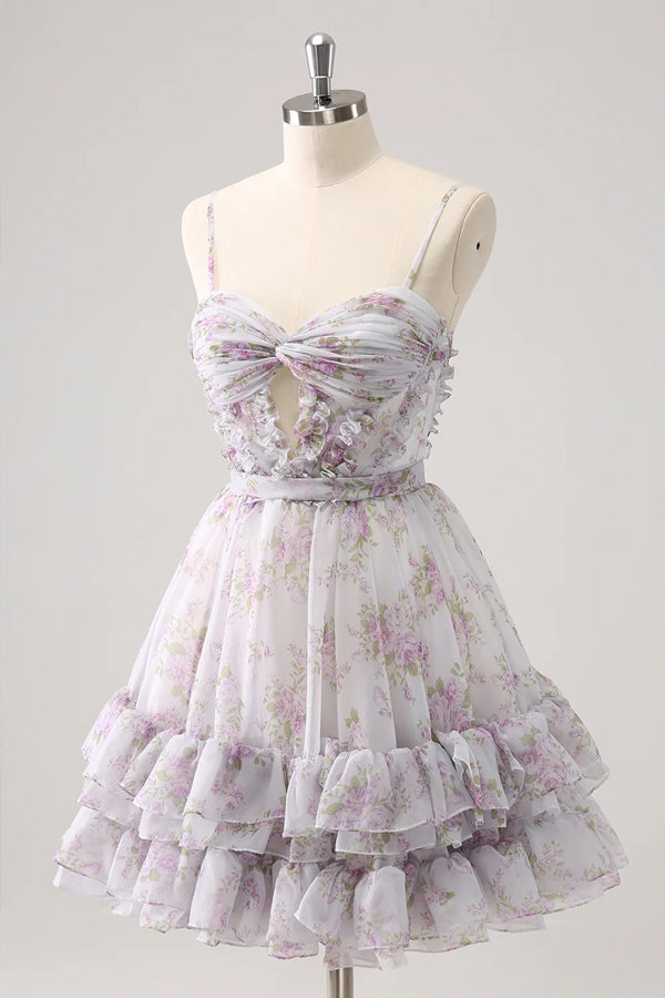 Lilac Floral Homecoming Dress Cute Homecoming Dress With Hole PD561-Pgmdress