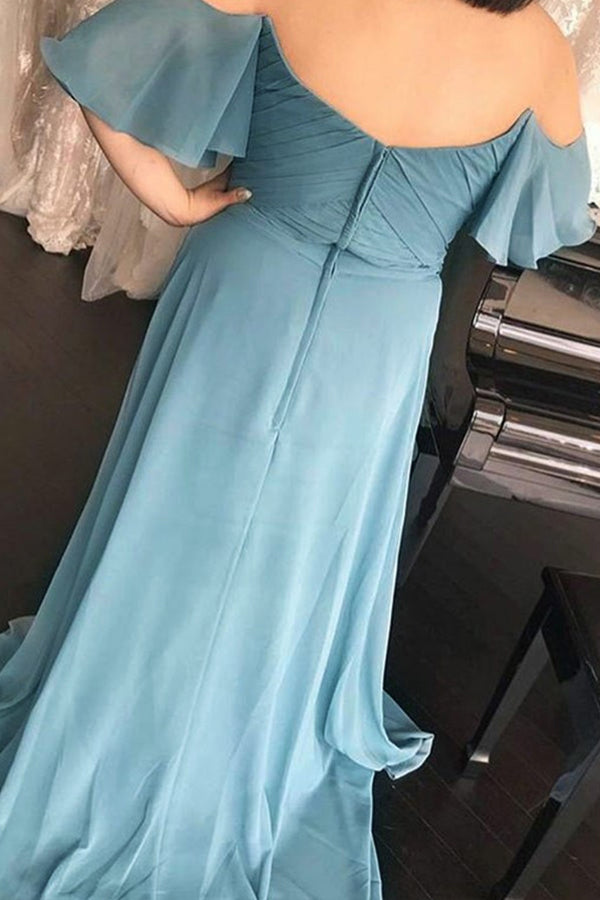 Long Off-the-Should Ruched Blue Chiffon Bridesmaid Dress BD118-Pgmdress