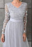 Long Sleeve Lace Silver Tea Length Mother of the Bride Dress-Pgmdress