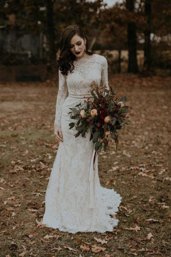 Long Sleeve Vintage Wedding Dress Backless Rustic Bridal Gown WD730-Pgmdress