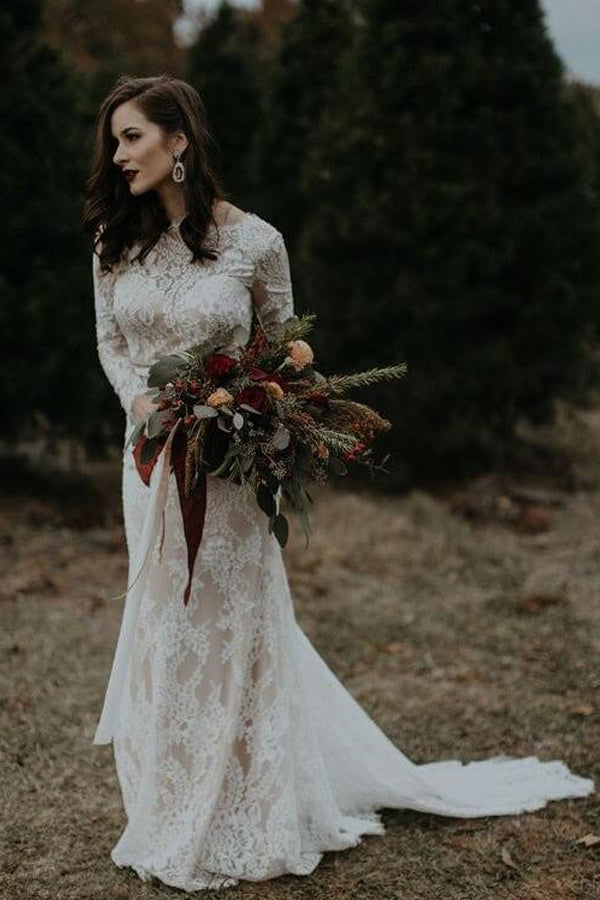 Long Sleeve Vintage Wedding Dress Backless Rustic Bridal Gown WD730-Pgmdress