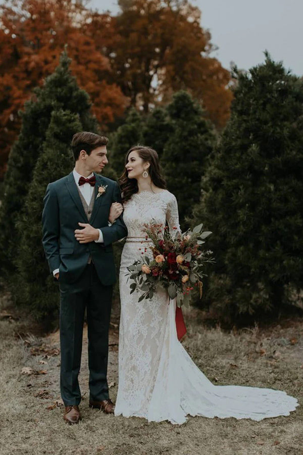 Long Sleeve Vintage Wedding Dress Backless Rustic Bridal Gown WD730-Pgmdress