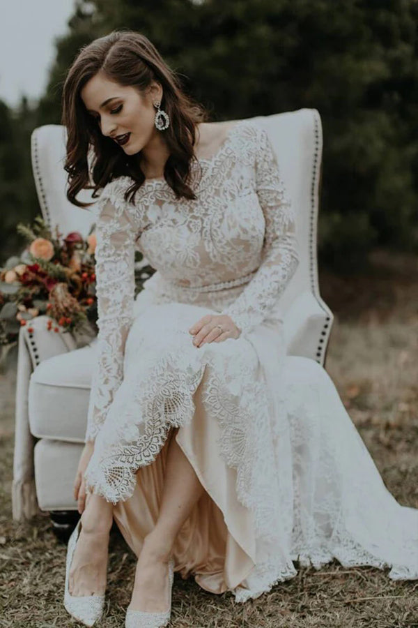 Long Sleeve Vintage Wedding Dress Backless Rustic Bridal Gown WD730-Pgmdress