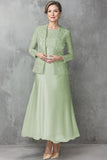 Long Sleeves Boat Neck Dusty Sage 2-Piece Mother of the Bride Dress-Pgmdress