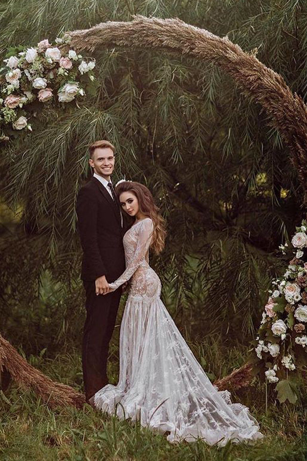 wedding dresses mermaid backless Mermaid Backless Long sleeves Lace Bohemian Wedding Dresses WD733 US2 / Ivory