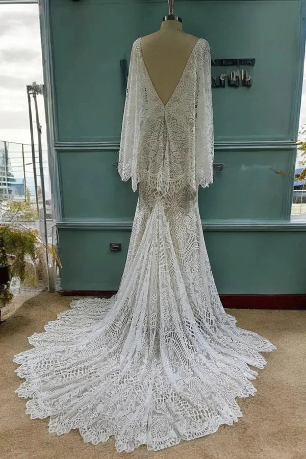 Mermaid Batwing Sleeves Boho Wedding Dress Elegant Wedding Dress-Pgmdress