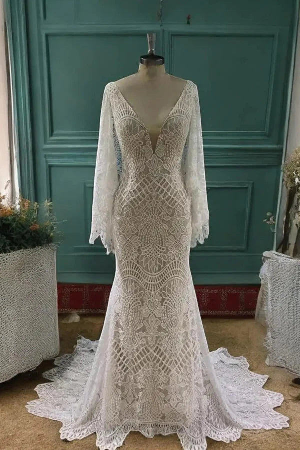 Mermaid Batwing Sleeves Boho Wedding Dress Elegant Wedding Dress-Pgmdress