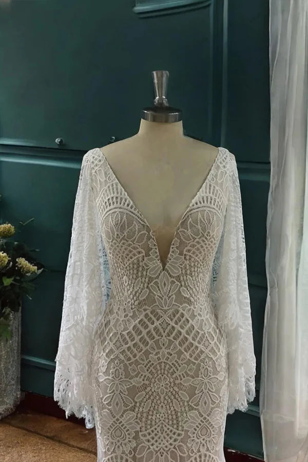 Mermaid Batwing Sleeves Boho Wedding Dress Elegant Wedding Dress-Pgmdress