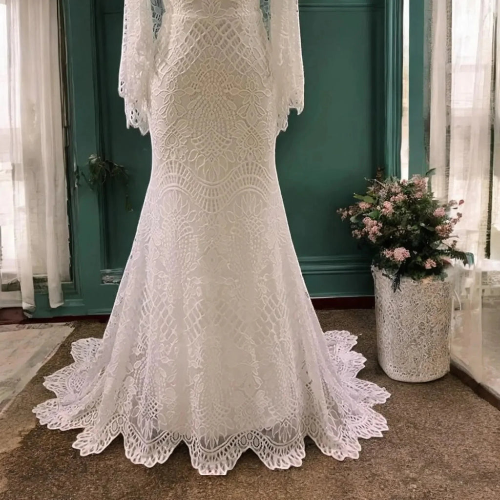 Mermaid Batwing Sleeves Boho Wedding Dress Elegant Wedding Dress-Pgmdress