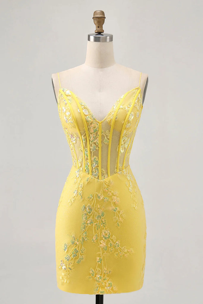 Mermaid Corset Tight Short Floral Yellow Homecoming Dress Party Dress-Pgmdress