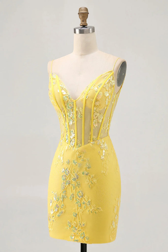 Mermaid Corset Tight Short Floral Yellow Homecoming Dress Party Dress-Pgmdress
