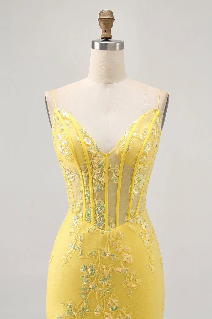 Mermaid Corset Tight Short Floral Yellow Homecoming Dress Party Dress-Pgmdress