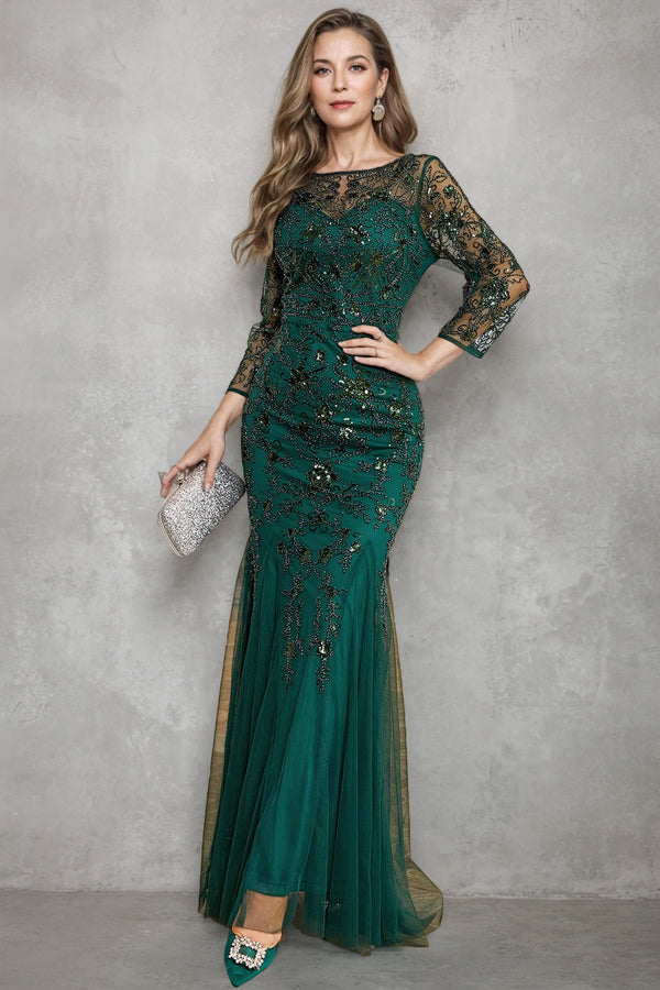Mermaid Dark Green Long Sleeves Beading Mother of Bride Dress-Pgmdress