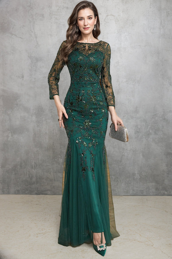 Mermaid Dark Green Long Sleeves Beading Mother of Bride Dress-Pgmdress
