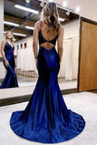Mermaid Deep V Neck Satin Navy Blue Prom Dress with Appliques PSK556-Pgmdress