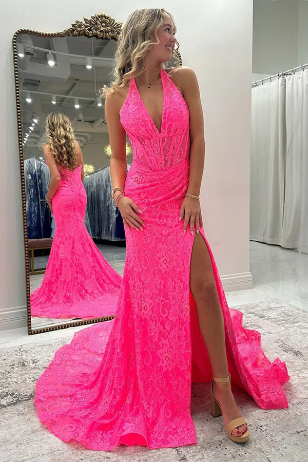 strapless open back dress Mermaid Halter Corset Slit Pink Prom Dress with Lace Appliques PSK692 US4 / Pink