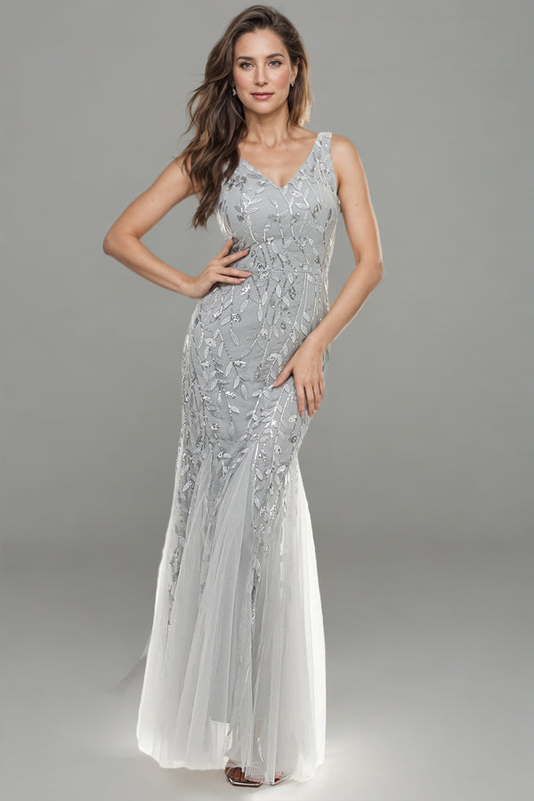 Mermaid Leaves Sequins Tulle Long Mother Of The Bride Dress-Pgmdress