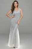 Mermaid Leaves Sequins Tulle Long Mother Of The Bride Dress-Pgmdress