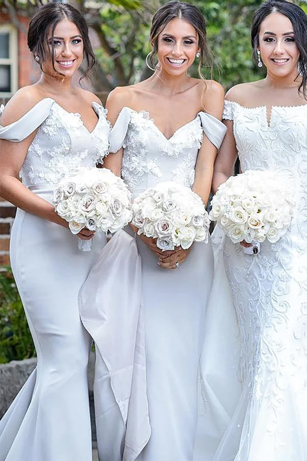 Mermaid Off The Shoulder Gray Bridesmaid Dress With Appliques BD104-Pgmdress