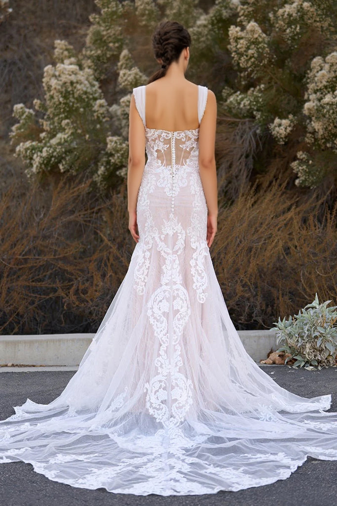 Mermaid Off the Shoulder Appliques Lace Tulle Vintage Wedding Dress-Pgmdress