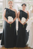 Mermaid One-Shoulder Bow Strap Black Bridesmaid Dress BD125-Pgmdress