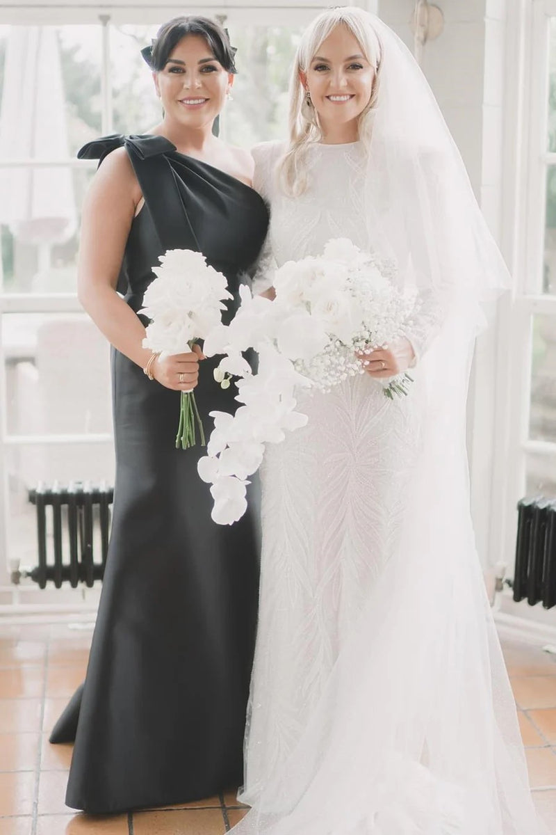 Mermaid One-Shoulder Bow Strap Black Bridesmaid Dress BD125-Pgmdress