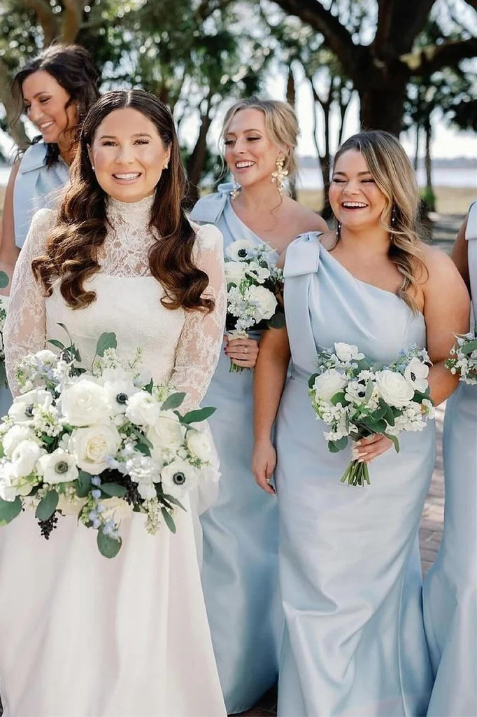 Mermaid One-Shoulder Bow Strap Black Bridesmaid Dress BD125-Pgmdress