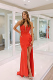 Mermaid Red Lace Long Prom Dresses Evening Dresses With Slit PSK564