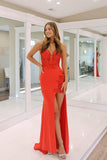 Robe de soirée longue en dentelle rouge sirène avec fente PSK564
