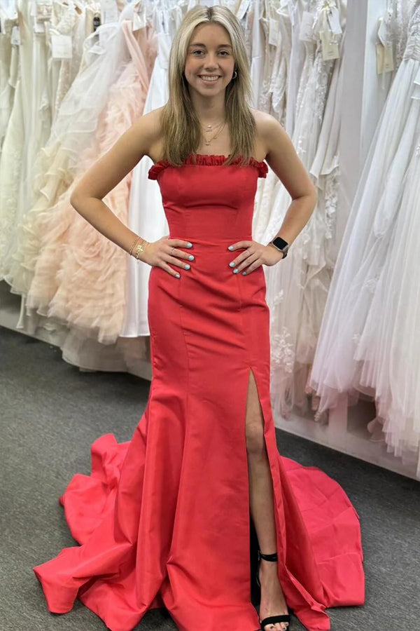 Ruffle Strapless Mermaid Tiffany Blue Prom Dress With Split PSK701