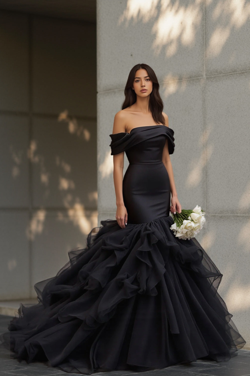 off shoulder evening dress with sleeves Long-Sleeve Off-Shoulder Glitter Prom Dress