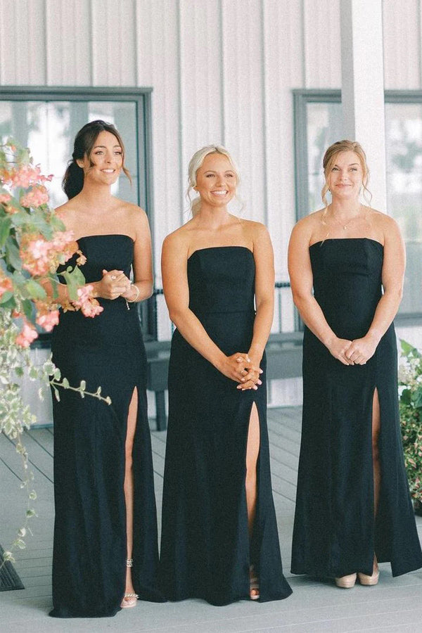 blue dress for baby girl Mermaid Satin Sleeveless Black Long Bridesmaid Dress with Slit BD144 US8 / Black