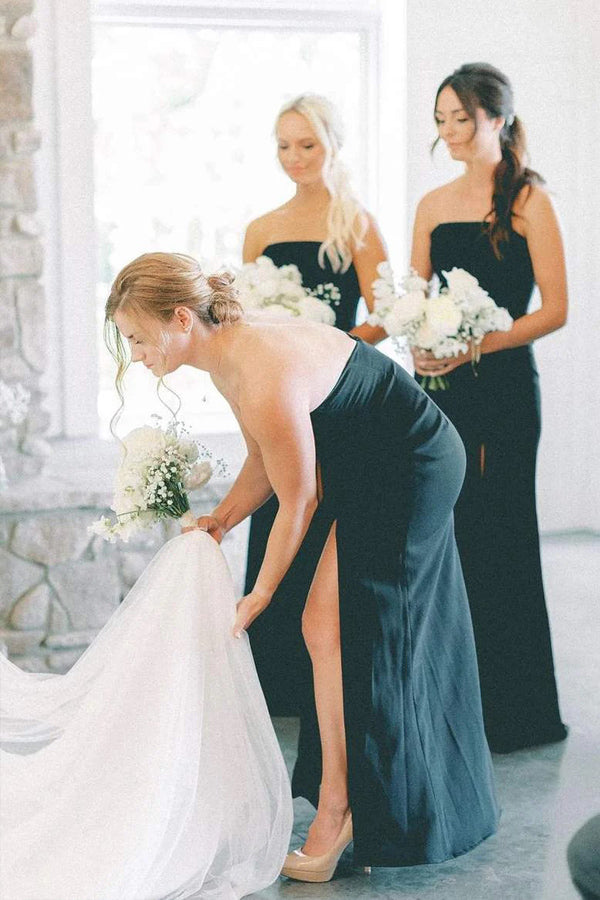 Mermaid Satin Sleeveless Black Long Bridesmaid Dress with Slit BD144-Pgmdress