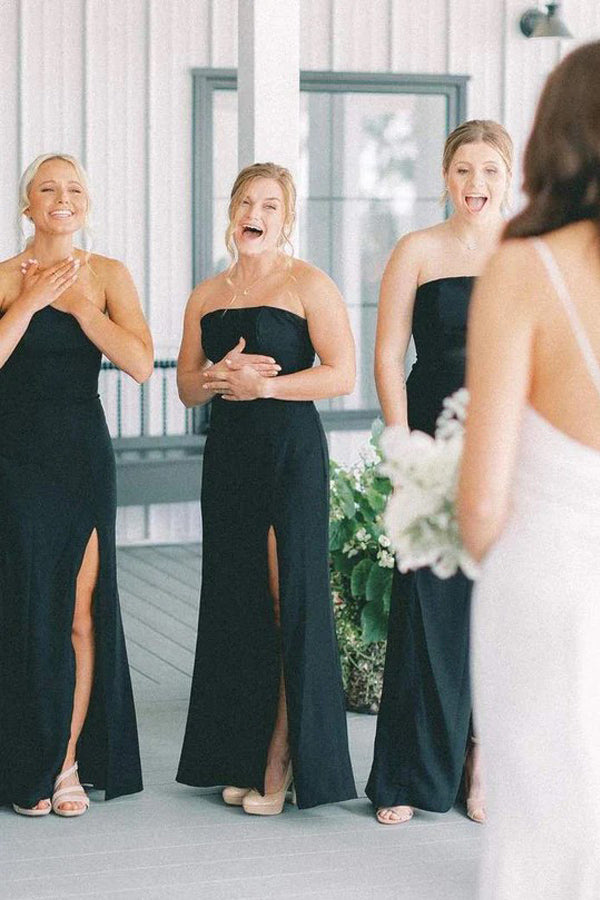 Mermaid Satin Sleeveless Black Long Bridesmaid Dress with Slit BD144-Pgmdress