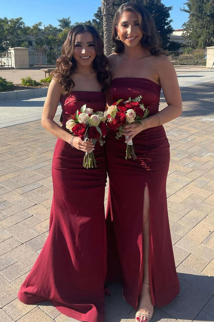 Mermaid Satin Strapless Long Burgundy Bridesmaid Dress with Slit BD126-Pgmdress