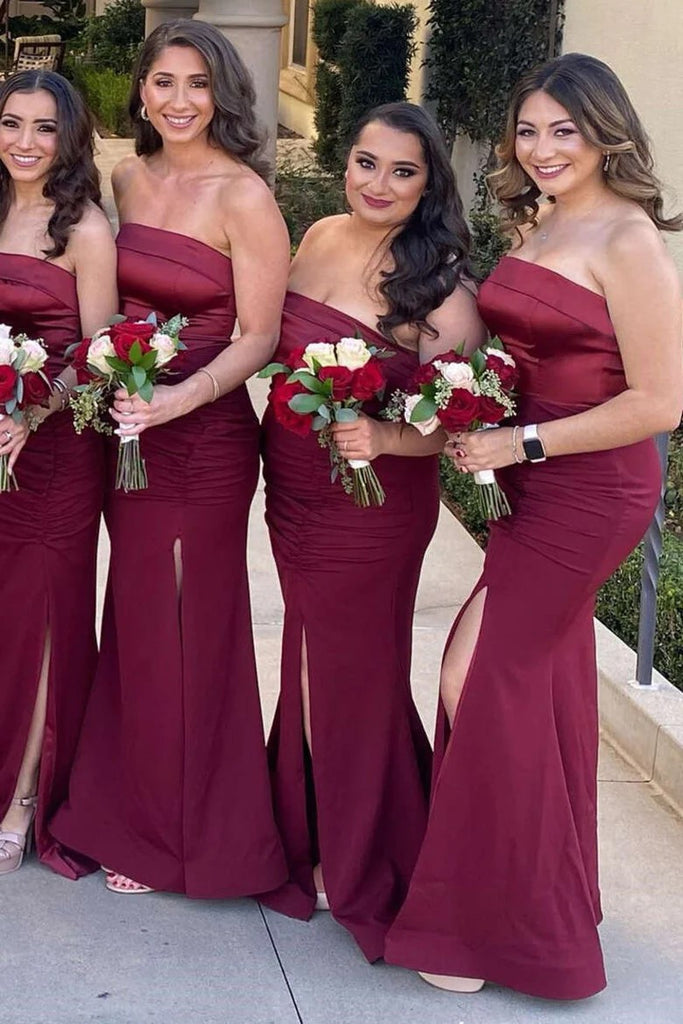Mermaid Satin Strapless Long Burgundy Bridesmaid Dress with Slit BD126-Pgmdress