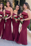 Mermaid Satin Strapless Long Burgundy Bridesmaid Dress with Slit BD126-Pgmdress