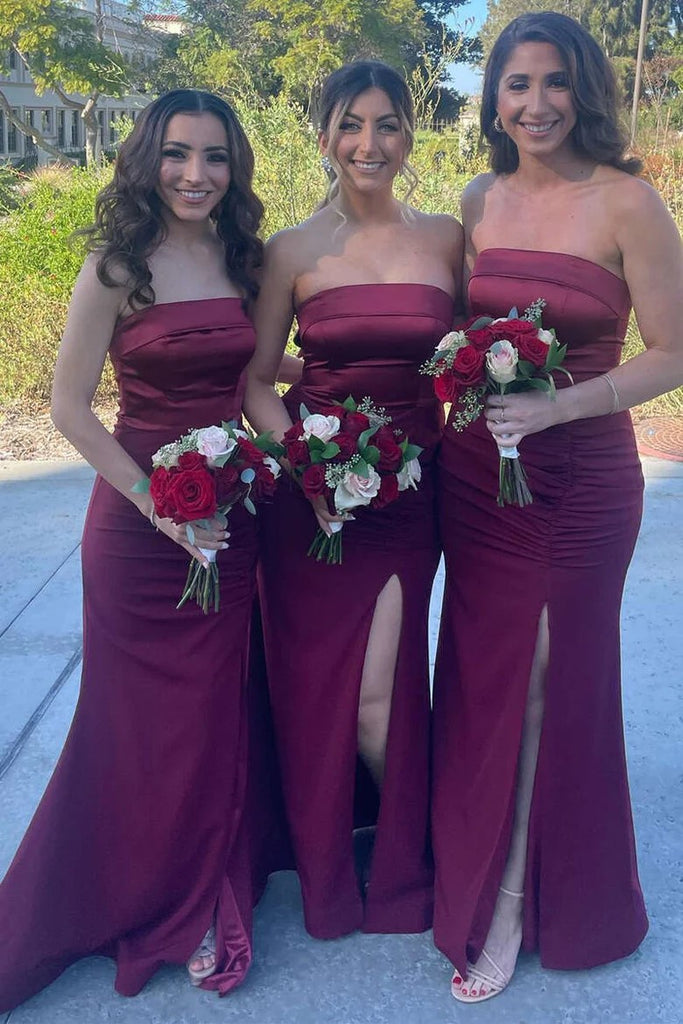 Mermaid Satin Strapless Long Burgundy Bridesmaid Dress with Slit BD126-Pgmdress