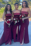 Mermaid Satin Strapless Long Burgundy Bridesmaid Dress with Slit BD126-Pgmdress