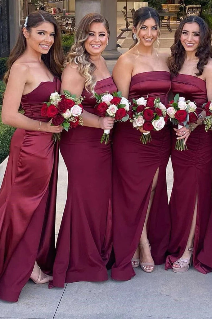 Mermaid Satin Strapless Long Burgundy Bridesmaid Dress with Slit BD126-Pgmdress