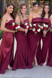 Mermaid Satin Strapless Long Burgundy Bridesmaid Dress with Slit BD126-Pgmdress