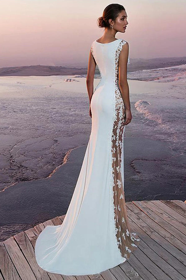 Mermaid Sleeveless Lace Applique Long Beach Wedding Dress-Pgmdress