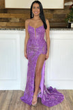 Mermaid Spaghetti Straps Appliques Red Prom Dress with Slit PSK556