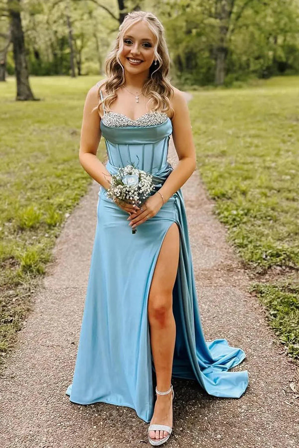 Mermaid Spaghetti Straps Corset Blue Long Prom Dress With Slit PSK657 - US0 / Light Blue Mermaid Spaghetti Straps Corset Blue Long Prom Dress With Slit PSK657 - US0 / Light Blue