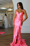 Robe de bal longue rose style sirène à bretelles spaghetti et fente PSK617
