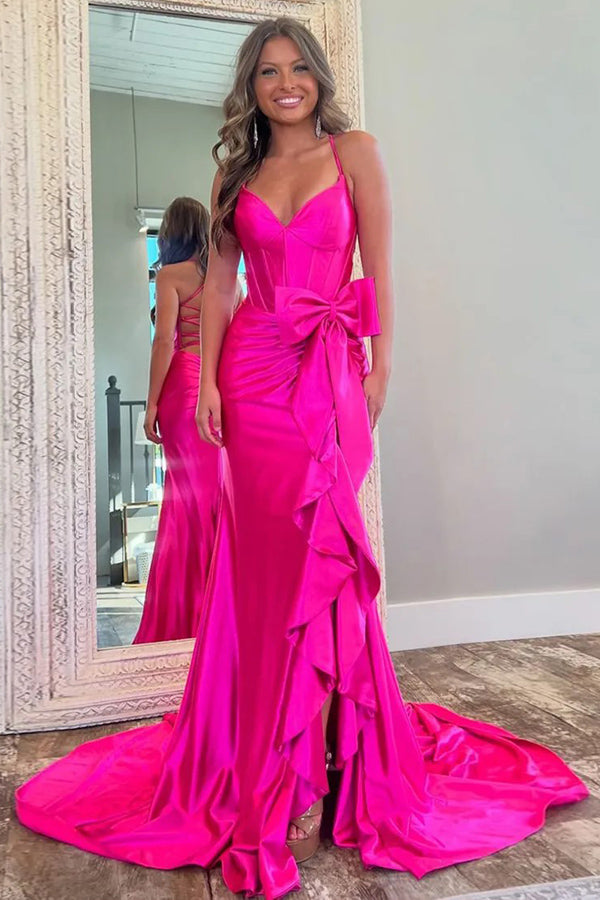 Mermaid Spaghetti Straps Corset Pink Long Prom Dress with Slit PSK617-Pgmdress
