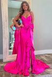 Mermaid Spaghetti Straps Corset Pink Long Prom Dress with Slit PSK617-Pgmdress