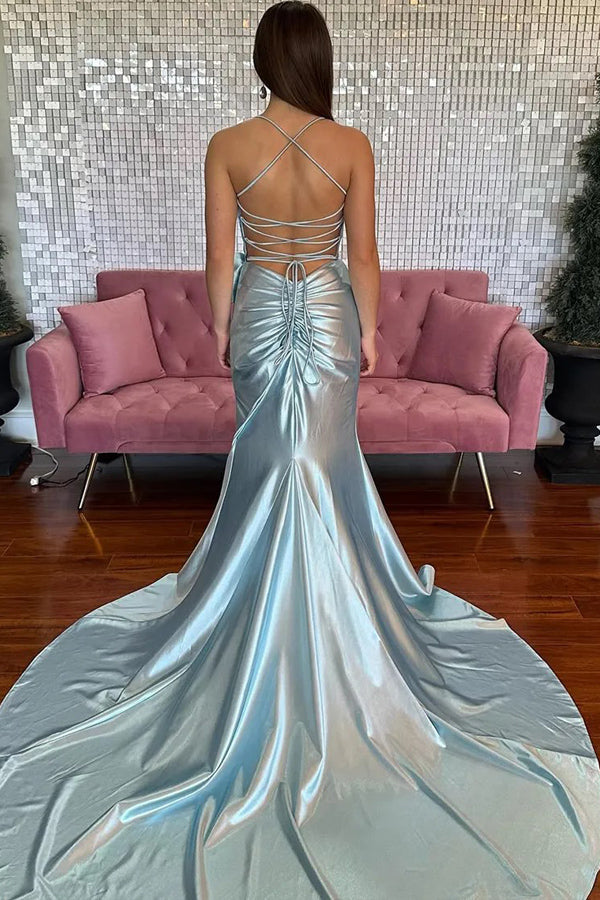 Mermaid Spaghetti Straps Corset Pink Long Prom Dress with Slit PSK617-Pgmdress