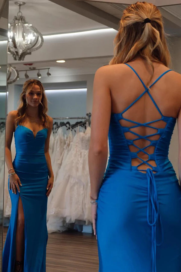 Mermaid Spaghetti Straps Royal Blue Prom Dress With Split PSK687-Pgmdress