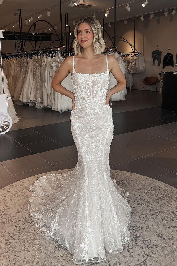 Mermaid Square Neck Tulle Lace Wedding Dress With Sweep Train WD791-Pgmdress